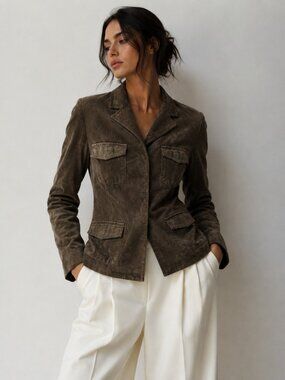 Ann Taylor Petites 2P Olive Green Suede Leather Utility Jacket Blazer Coat Women
